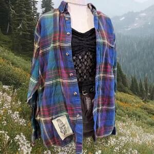 Unique upcycled patchwork flannel shirt with feather patch